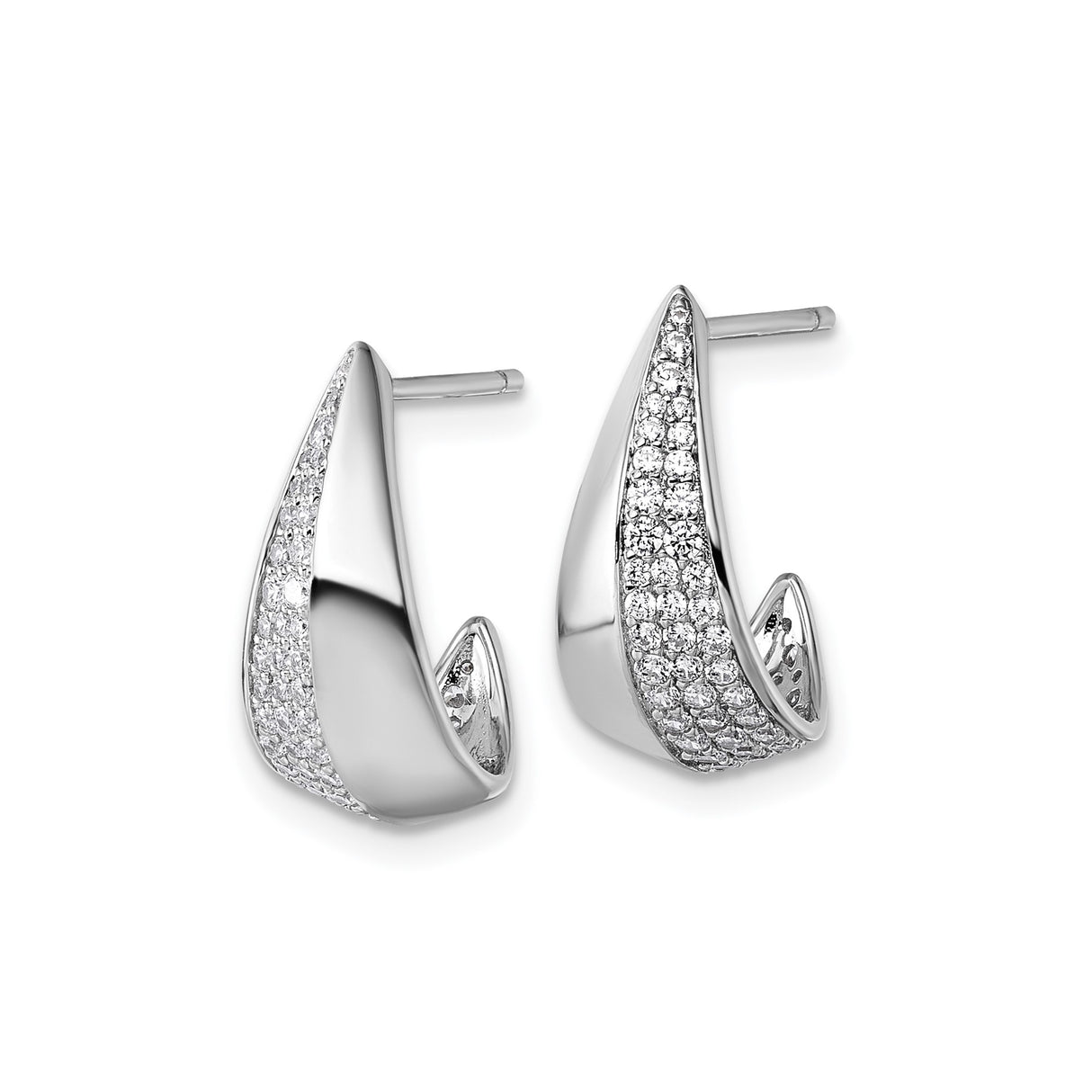 Sterling Silver Hoop Earrings with Cubic Zirconia, Tapered Modern Design, Rhodium Plated Finish