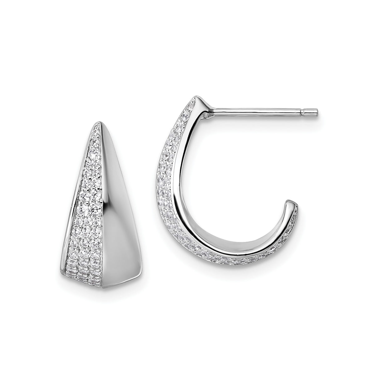 Sterling Silver Hoop Earrings with Cubic Zirconia, Tapered Modern Design, Rhodium Plated Finish