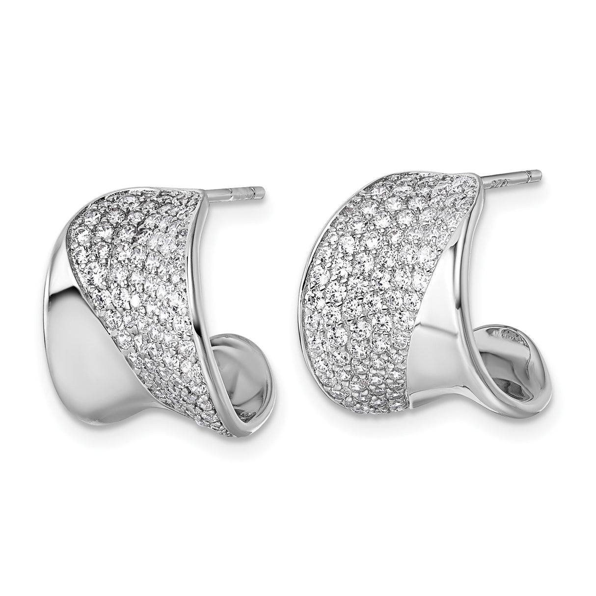Sterling Silver Hoop Earrings with Cubic Zirconia and Wave Design, Modern J Hoop Style