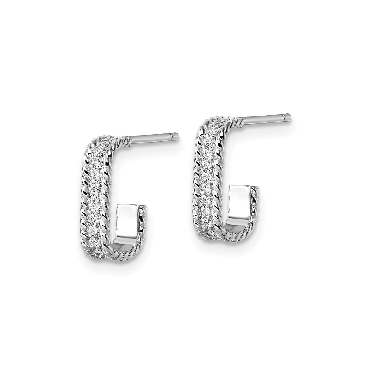 Sterling Silver Rectangle J-Hoop Earrings with Cubic Zirconia and Twisted Rope Design