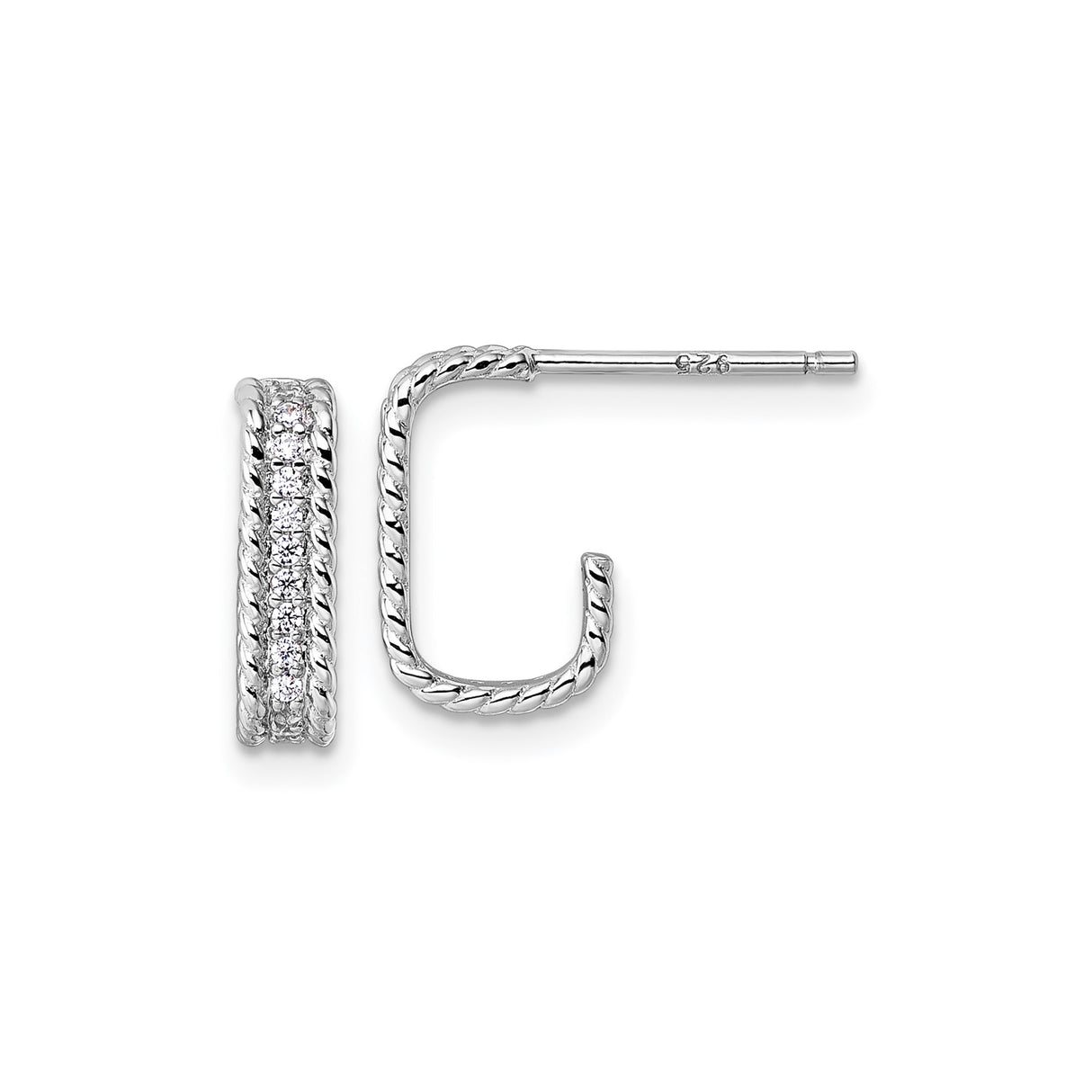 Sterling Silver Rectangle J-Hoop Earrings with Cubic Zirconia and Twisted Rope Design