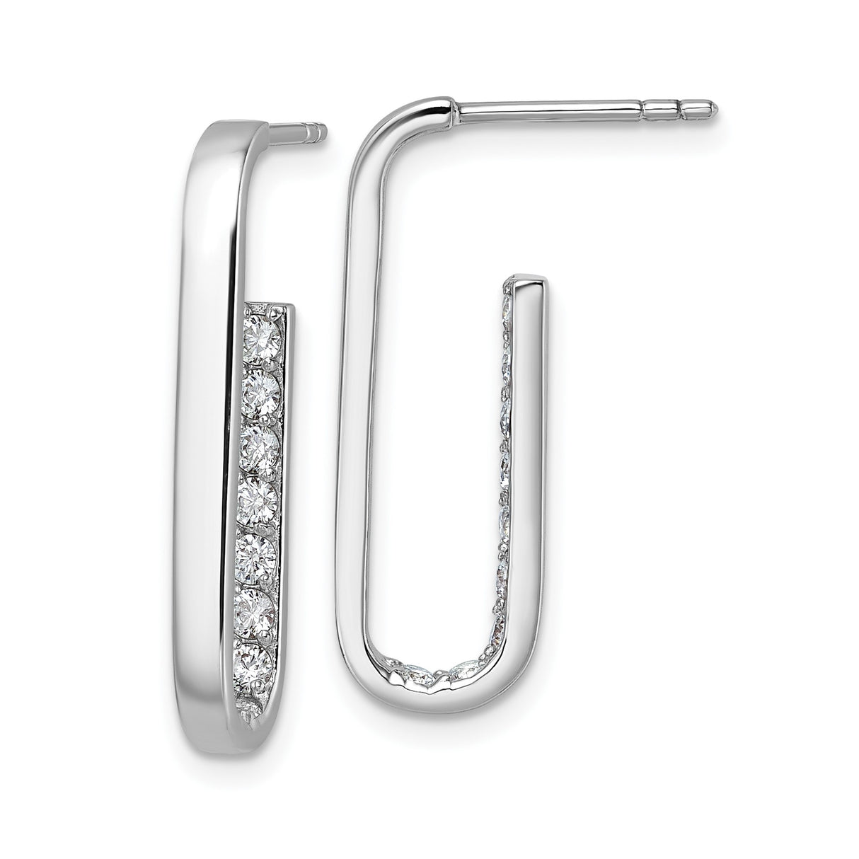Sterling Silver Rectangle Hoop Earrings with Channel Set Cubic Zirconia, Rhodium Plated Modern Design