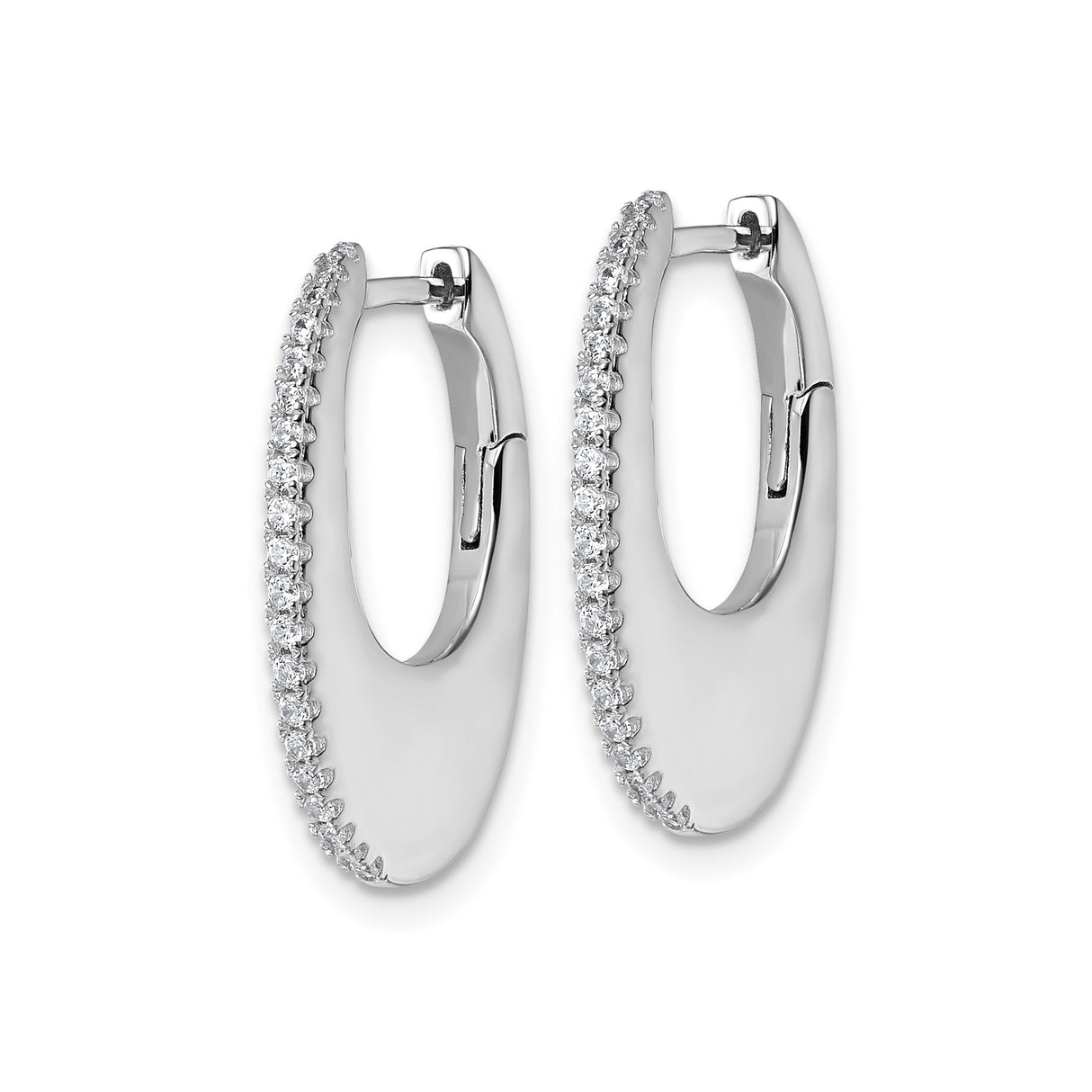 Sterling Silver Oval Hoop Earrings with Cubic Zirconia, Rhodium Plated Modern Design