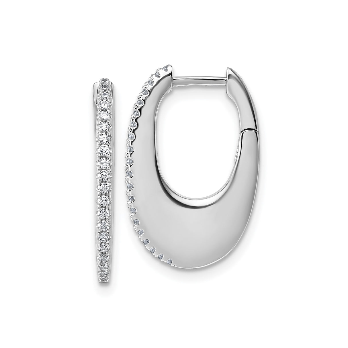 Sterling Silver Oval Hoop Earrings with Cubic Zirconia, Rhodium Plated Modern Design
