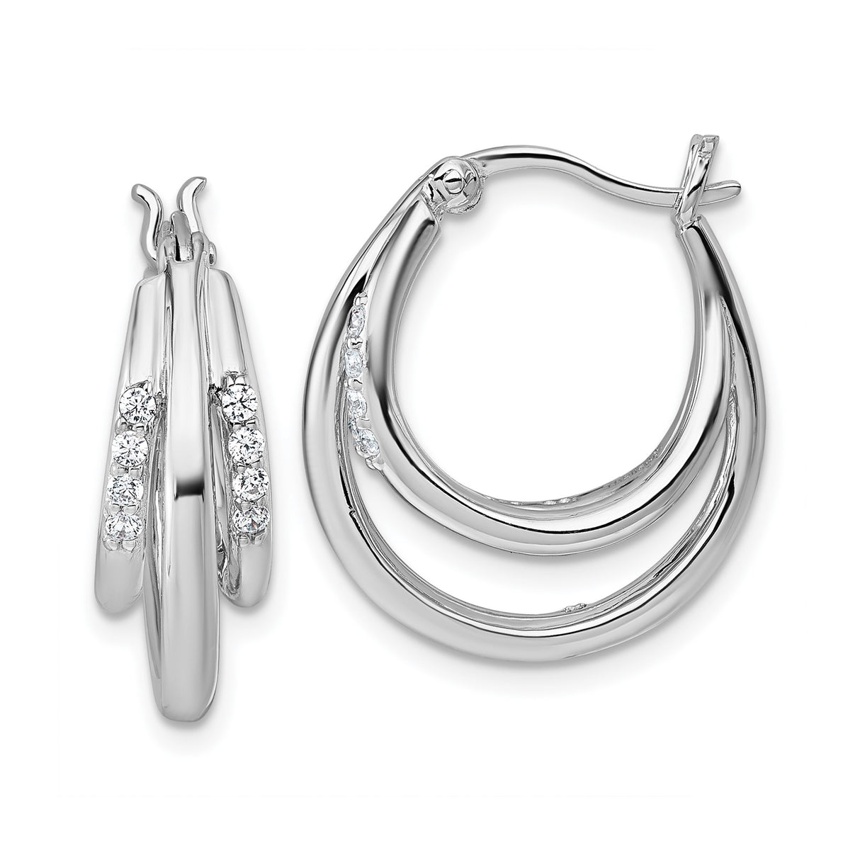 Sterling Silver Triple Oval Hoop Earrings with Cubic Zirconia Accents, Rhodium Plated Layered Design