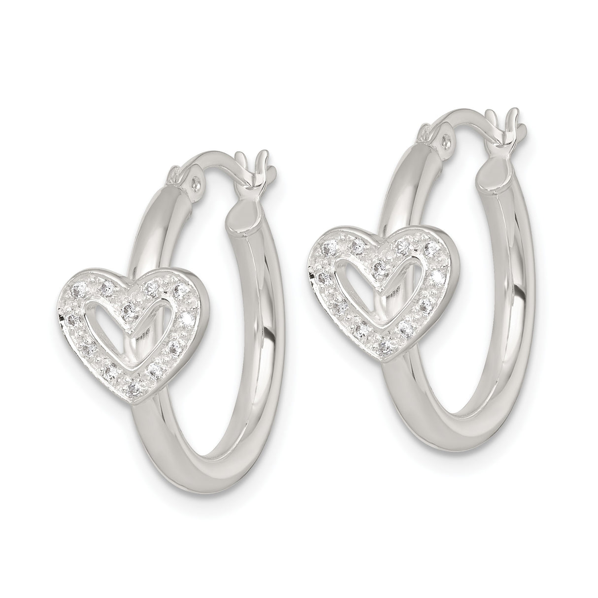 Sterling Silver Hoop Earrings with Open Heart Charms and Cubic Zirconia Accents
