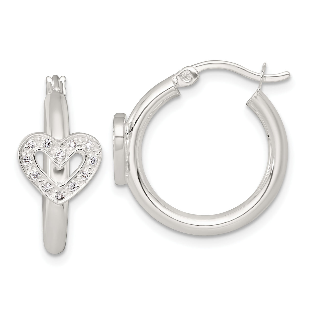 Sterling Silver Hoop Earrings with Open Heart Charms and Cubic Zirconia Accents