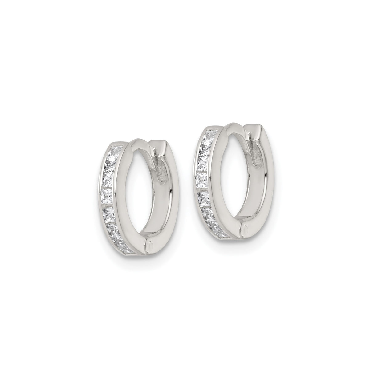 Sterling Silver Hoop Earrings with Channel Set Square Cut Cubic Zirconia, Huggie Style