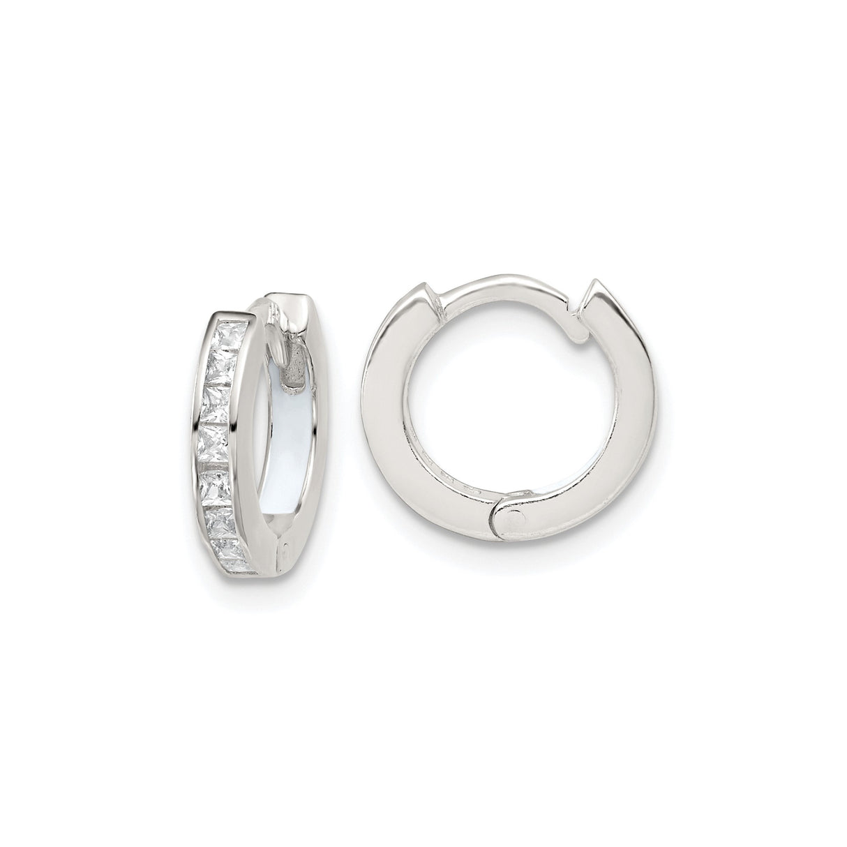 Sterling Silver Hoop Earrings with Channel Set Square Cut Cubic Zirconia, Huggie Style