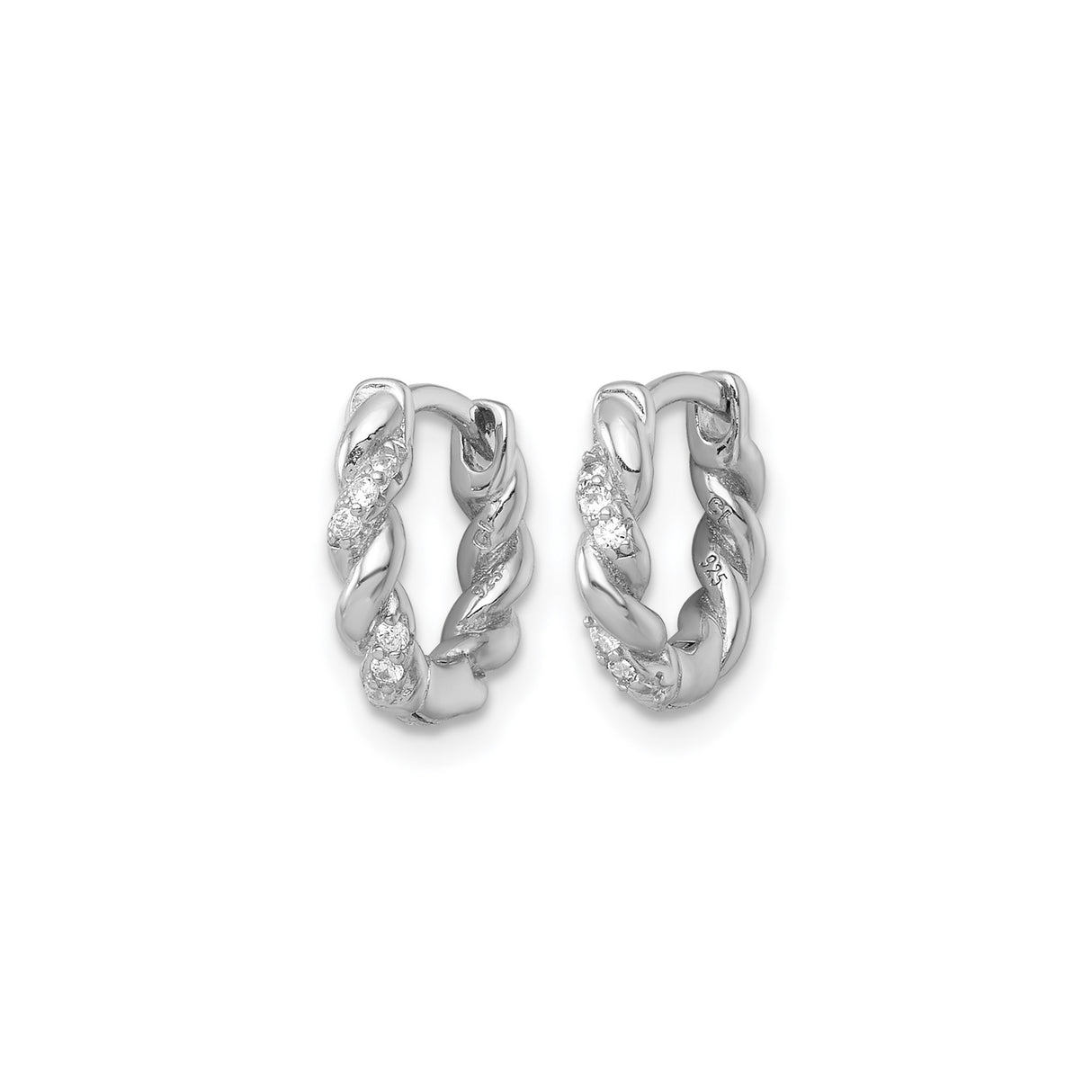 Sterling Silver Twisted Hoop Earrings with Cubic Zirconia, Rope Style Huggie Design