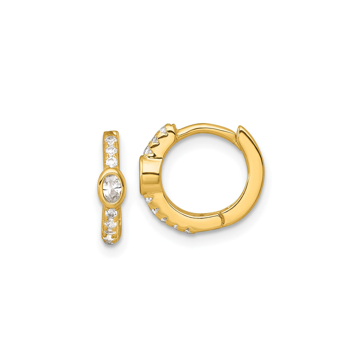 Sterling Silver Huggie Hoop Earrings with Round and Oval Cubic Zirconia, Gold Plated, Hinged Clasp