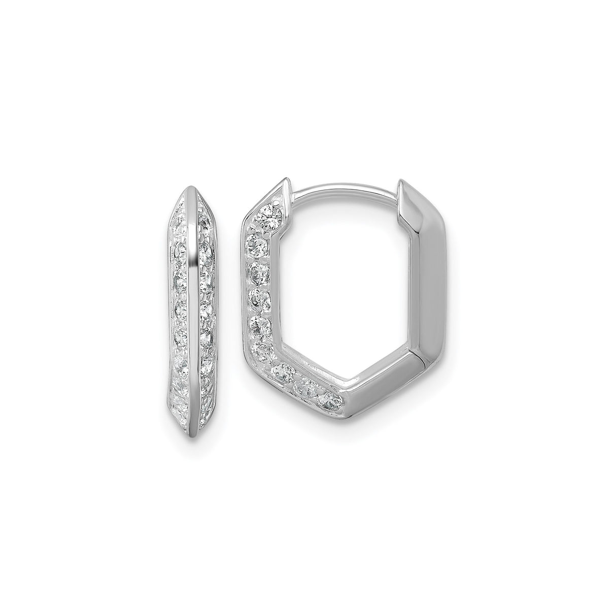 Sterling Silver Hexagon Hoop Earrings with Cubic Zirconia Accents, Geometric Rhodium Plated Design