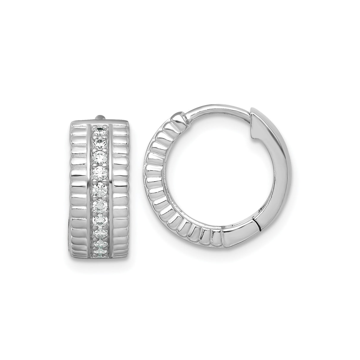 Sterling Silver Hoop Earrings with Cubic Zirconia, Ribbed Design, Rhodium Plated Finish
