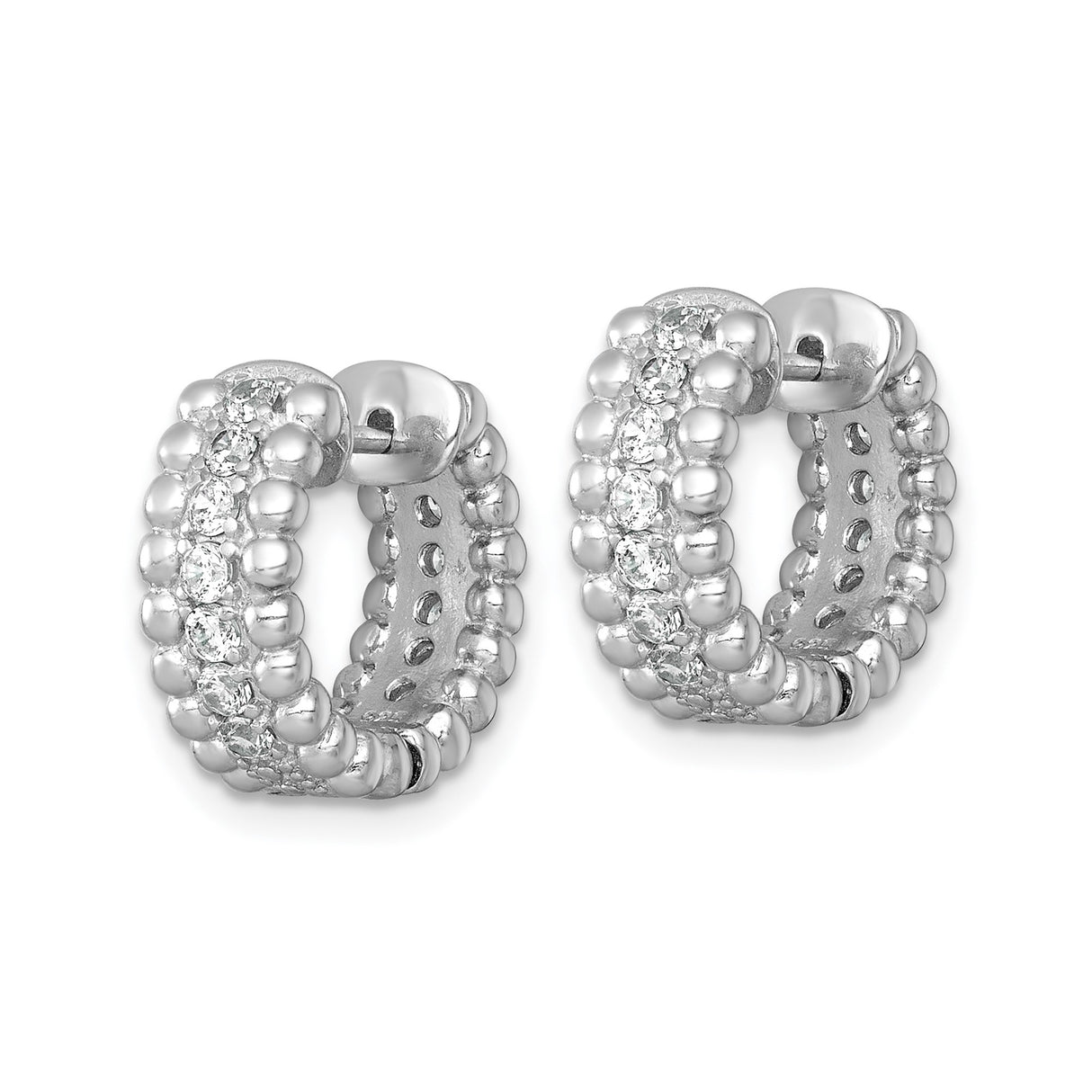 Sterling Silver Hoop Earrings with Cubic Zirconia Channel Setting, Polished Beaded Texture