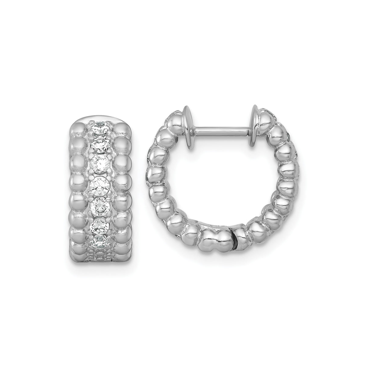 Sterling Silver Hoop Earrings with Cubic Zirconia Channel Setting, Polished Beaded Texture