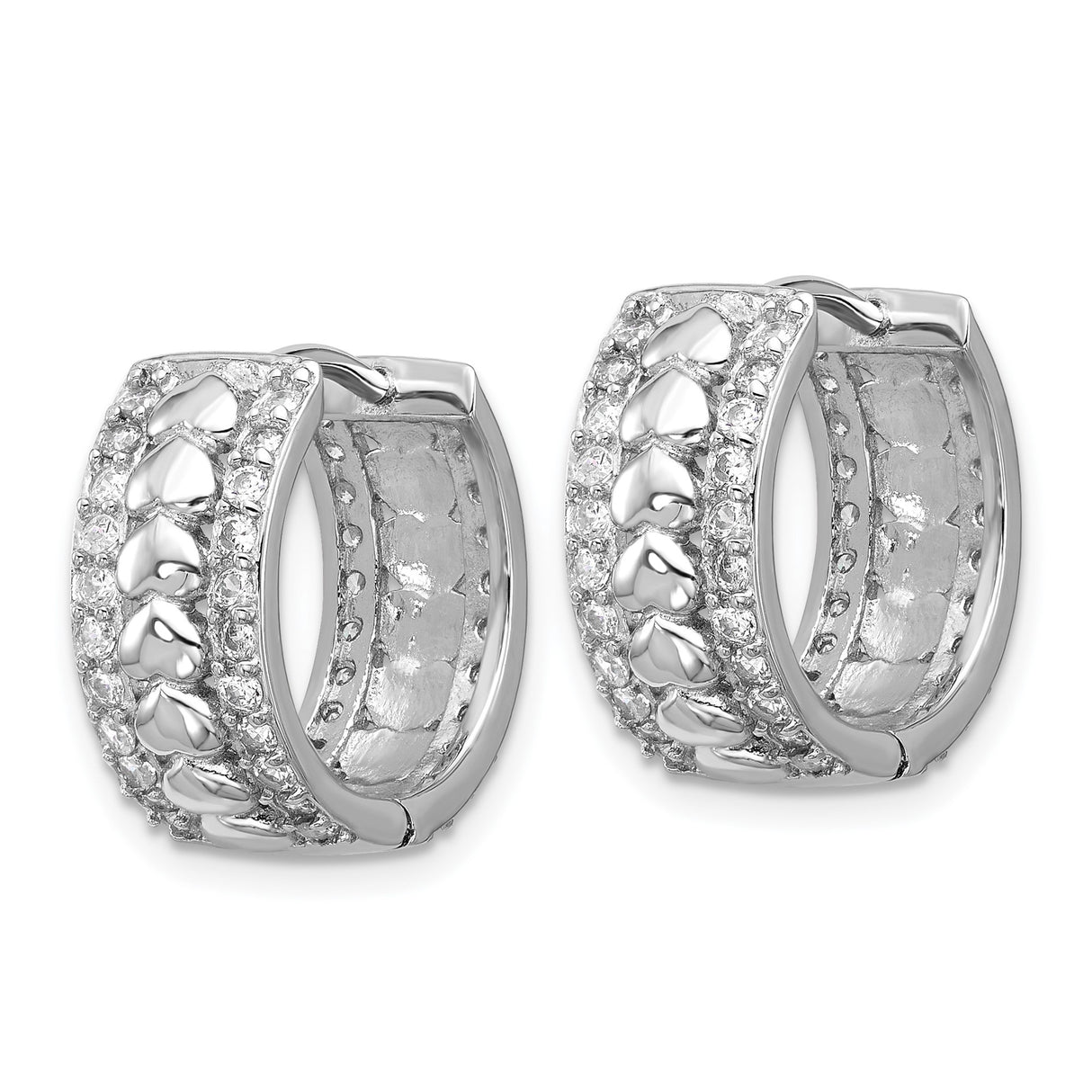 Sterling Silver Heart Hoop Earrings with Cubic Zirconia Accents, Rhodium Plated