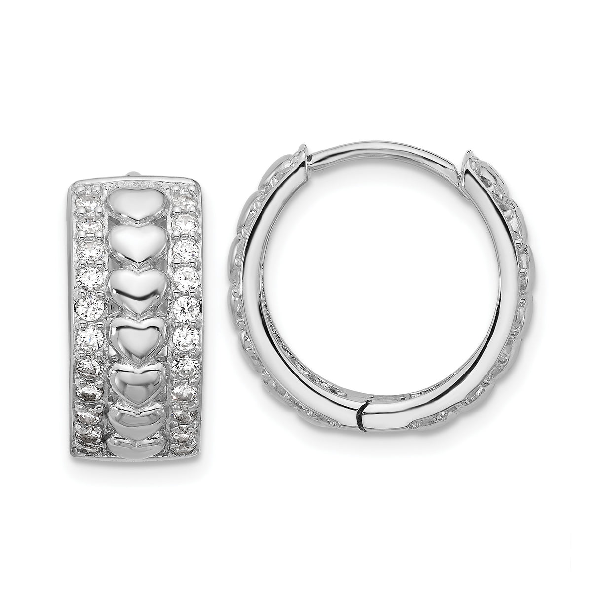 Sterling Silver Heart Hoop Earrings with Cubic Zirconia Accents, Rhodium Plated