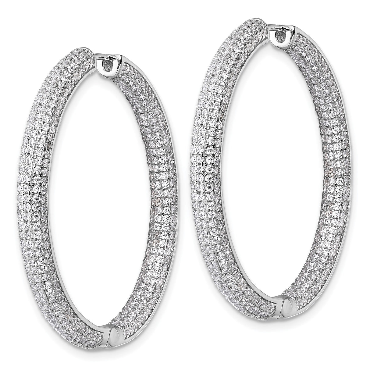 Sterling Silver Hoop Earrings with Triple Row Pavé Cubic Zirconia, Rhodium Plated Latch Closure