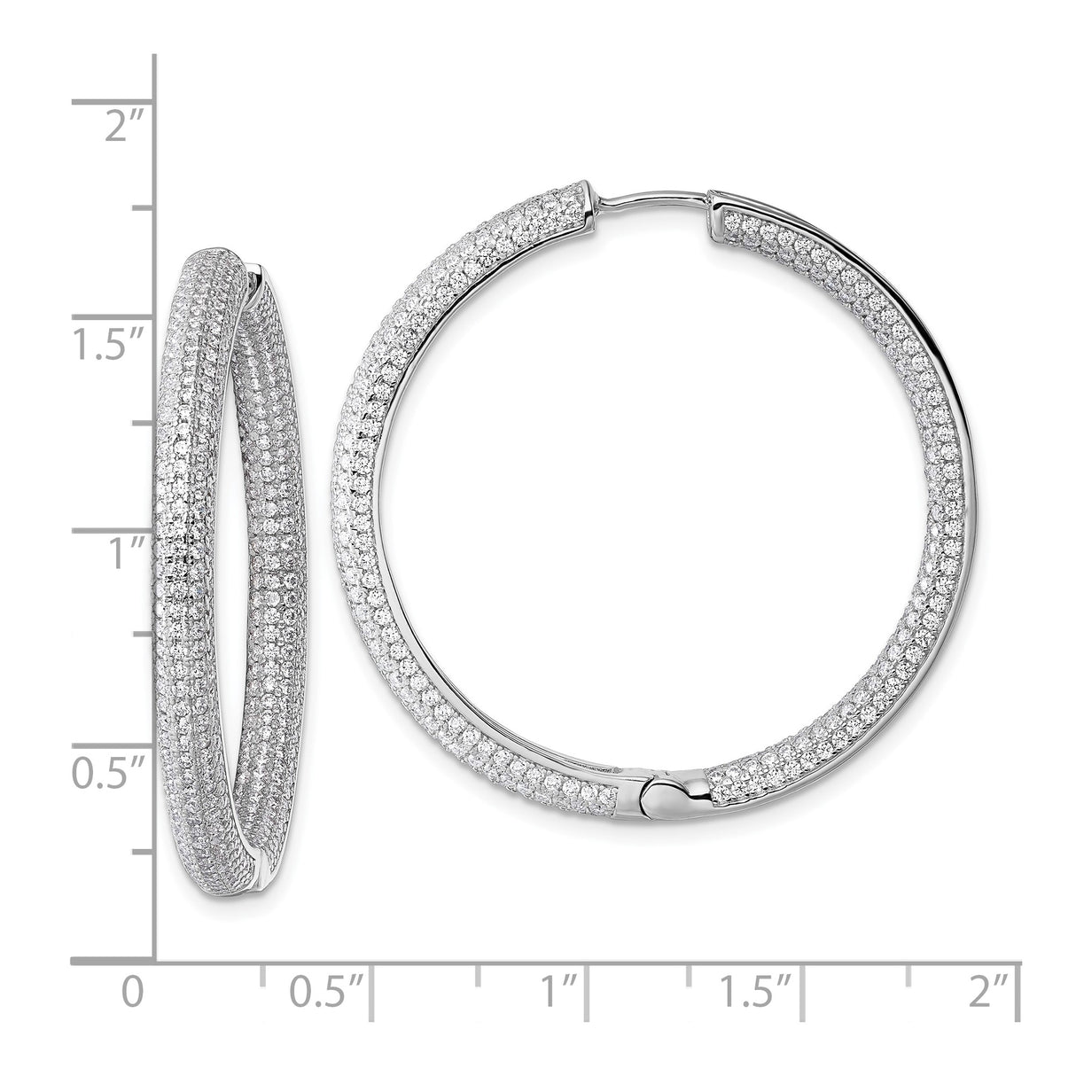 Sterling Silver Hoop Earrings with Triple Row Pavé Cubic Zirconia, Rhodium Plated Latch Closure