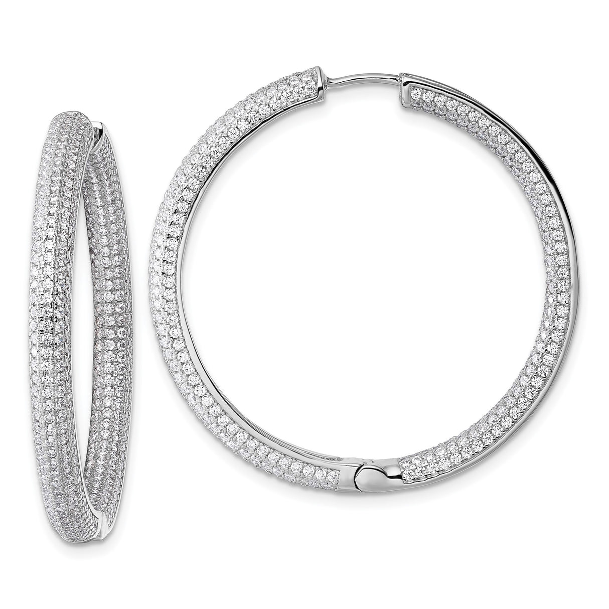 Sterling Silver Hoop Earrings with Triple Row Pavé Cubic Zirconia, Rhodium Plated Latch Closure
