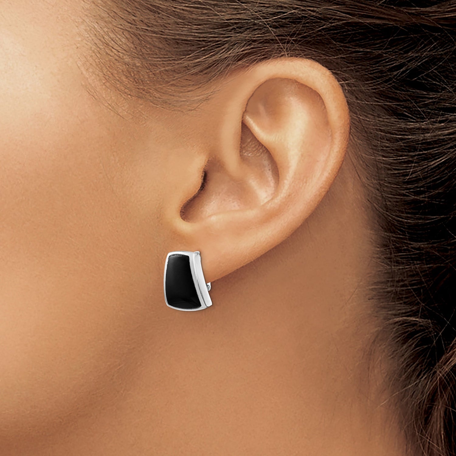 Sterling Silver Mens Clip-On Earrings with Black Onyx, Trapezoid Geometric Design