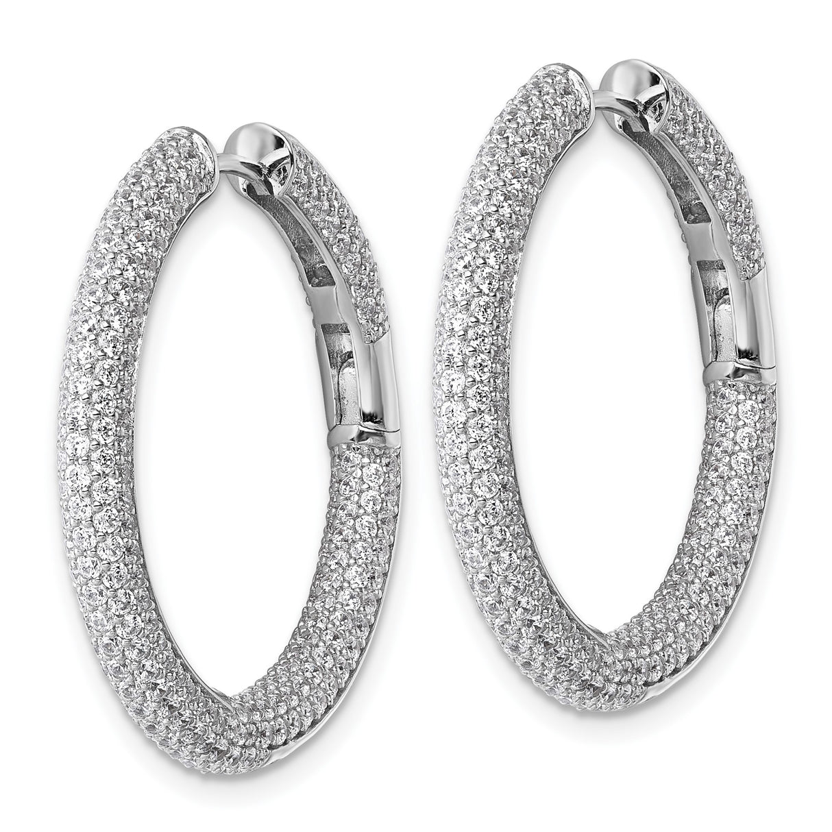 Sterling Silver Hoop Earrings with Triple Row Cubic Zirconia Pavé, Rhodium Plated Fashion Style