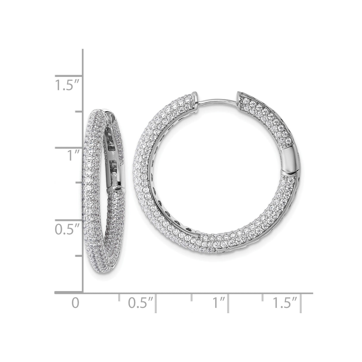 Sterling Silver Hoop Earrings with Triple Row Cubic Zirconia Pavé, Rhodium Plated Fashion Style