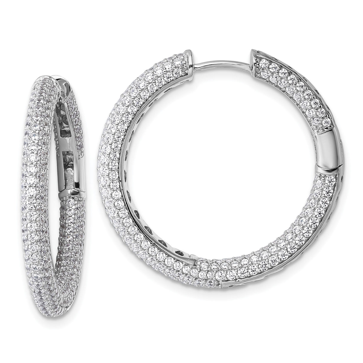 Sterling Silver Hoop Earrings with Triple Row Cubic Zirconia Pavé, Rhodium Plated Fashion Style