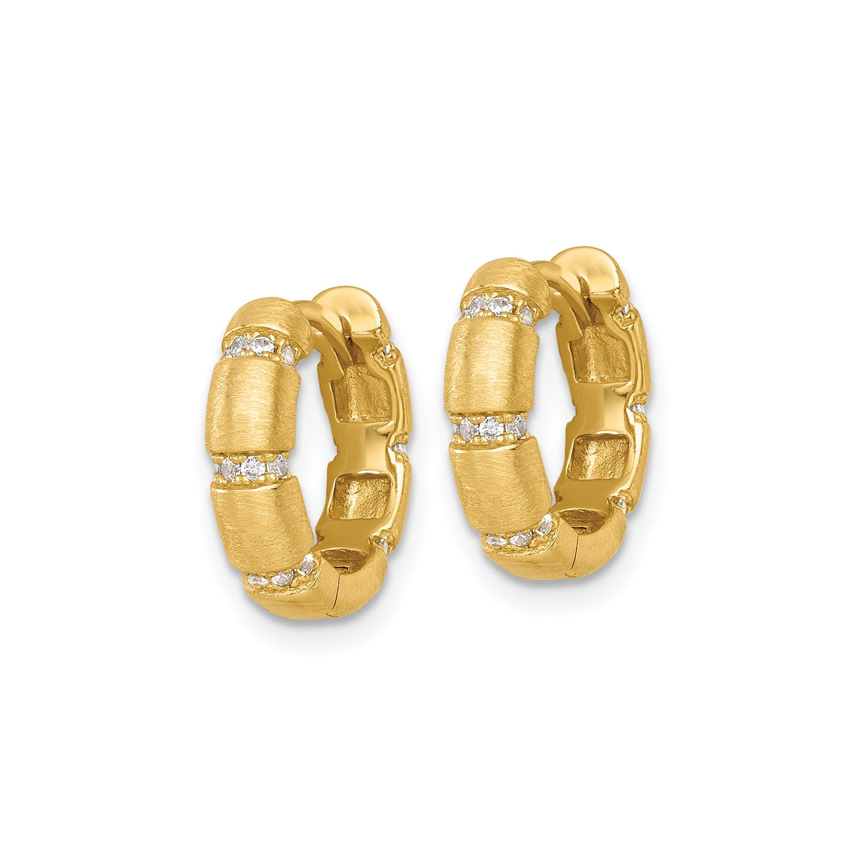 Sterling Silver Hoop Earrings with Cubic Zirconia, Gold-Plated Bamboo Style, Geometric Textured Design