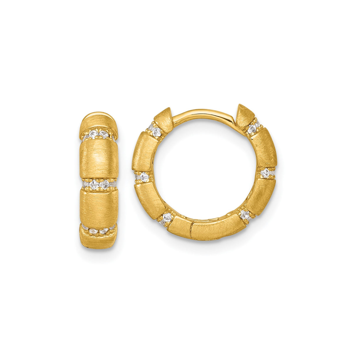 Sterling Silver Hoop Earrings with Cubic Zirconia, Gold-Plated Bamboo Style, Geometric Textured Design