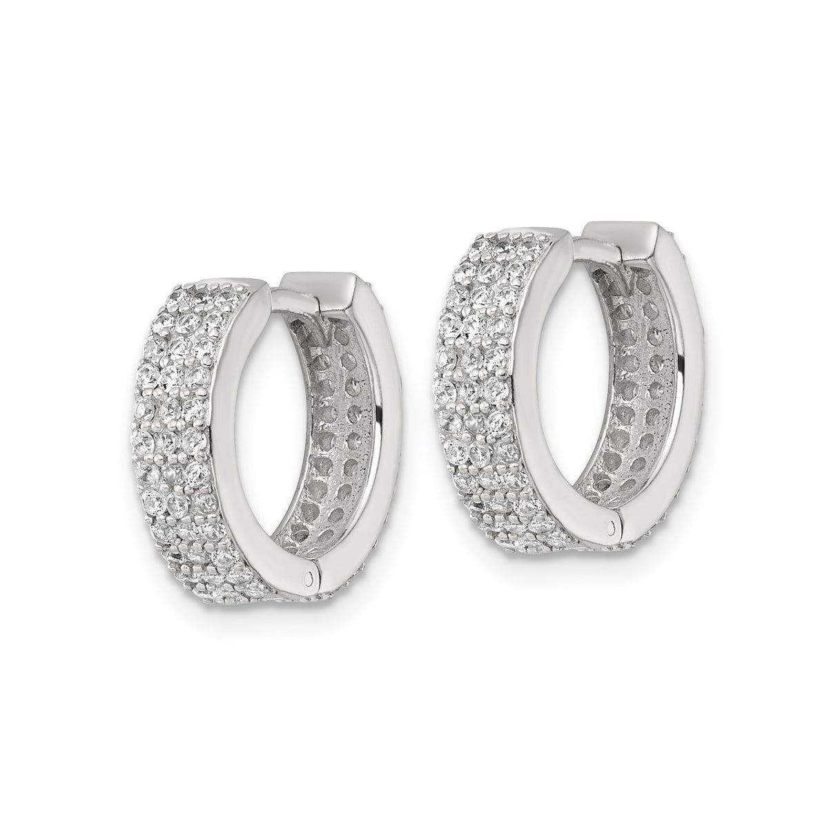Sterling Silver Hoop Earrings with Triple Row Cubic Zirconia in Pavé Setting, Huggie Style