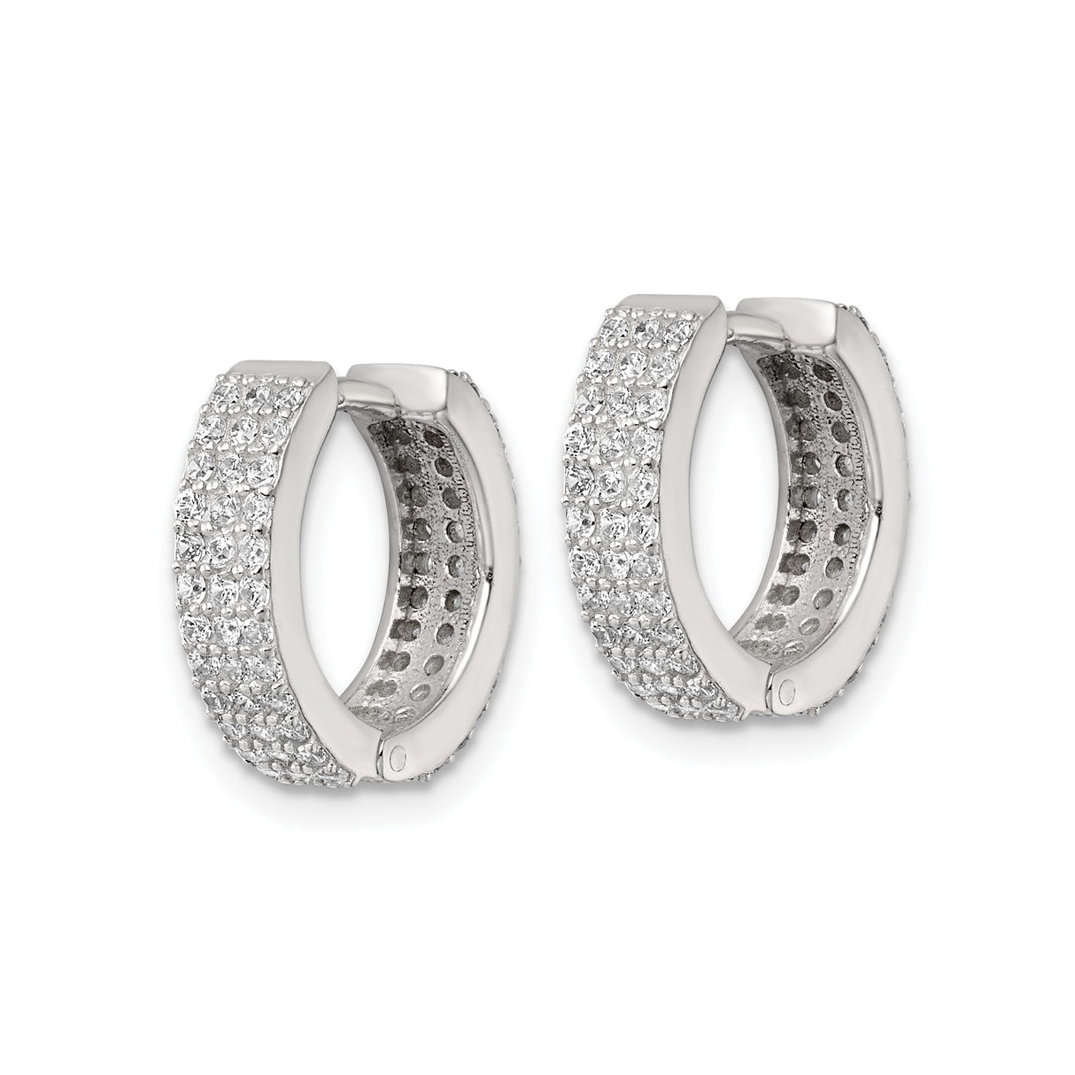Sterling Silver Hoop Earrings with Triple Row Cubic Zirconia in Pavé Setting, Huggie Style