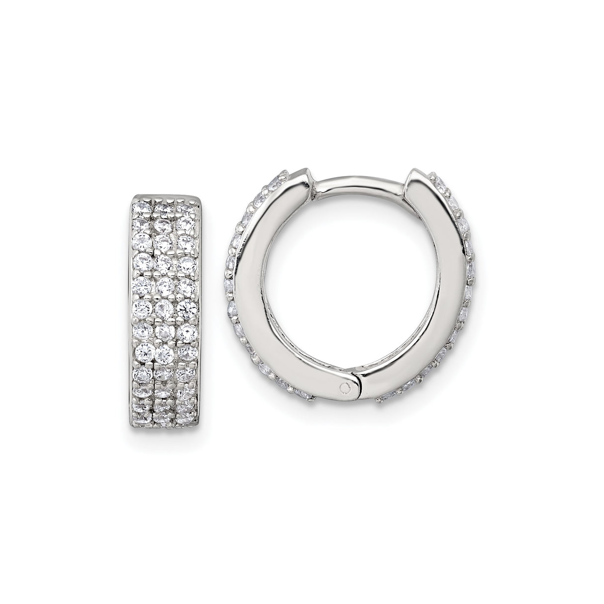 Sterling Silver Hoop Earrings with Triple Row Cubic Zirconia in Pavé Setting, Huggie Style
