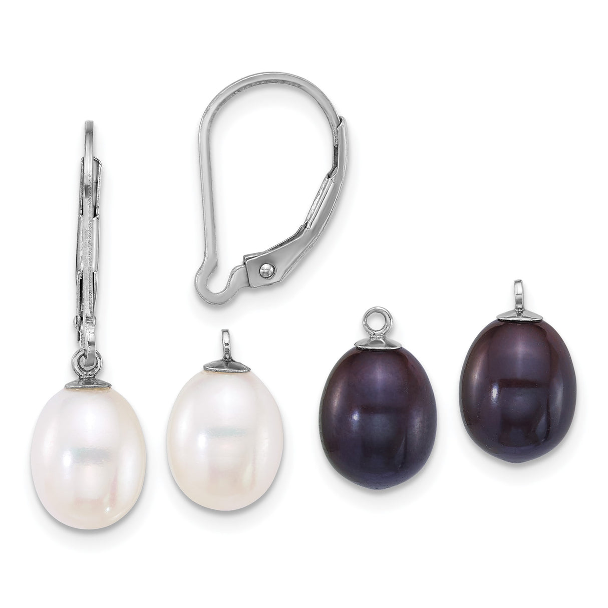 Sterling Silver Drop Earrings with Interchangeable Cultured Freshwater Pearls, Black and White Dangles