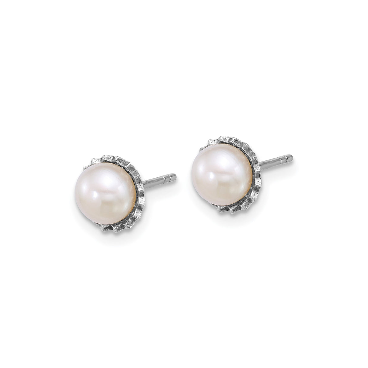 Sterling Silver Pearl Stud Earrings with White Freshwater Pearls, Scalloped Bezel Setting