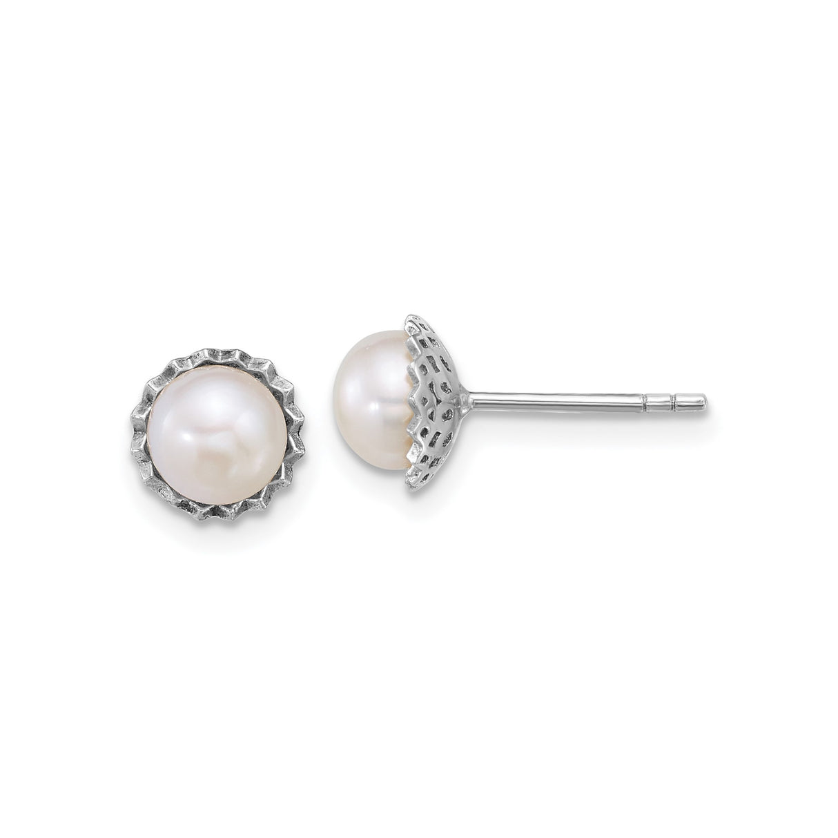Sterling Silver Pearl Stud Earrings with White Freshwater Pearls, Scalloped Bezel Setting