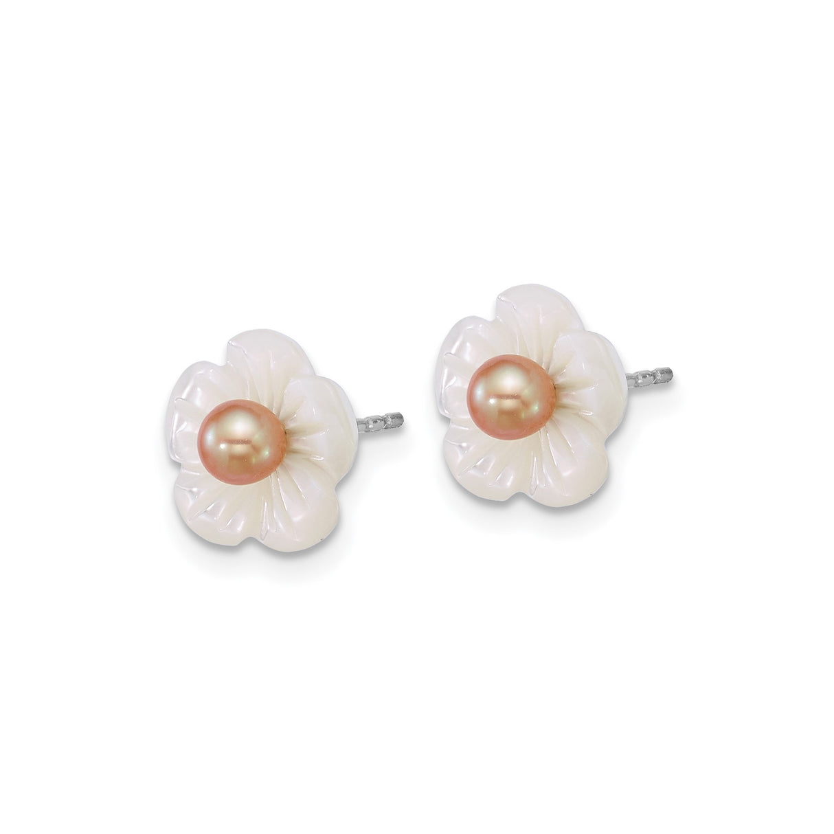 Sterling Silver Floral Stud Earrings with Pink Freshwater Pearls and Mother-of-Pearl Flowers