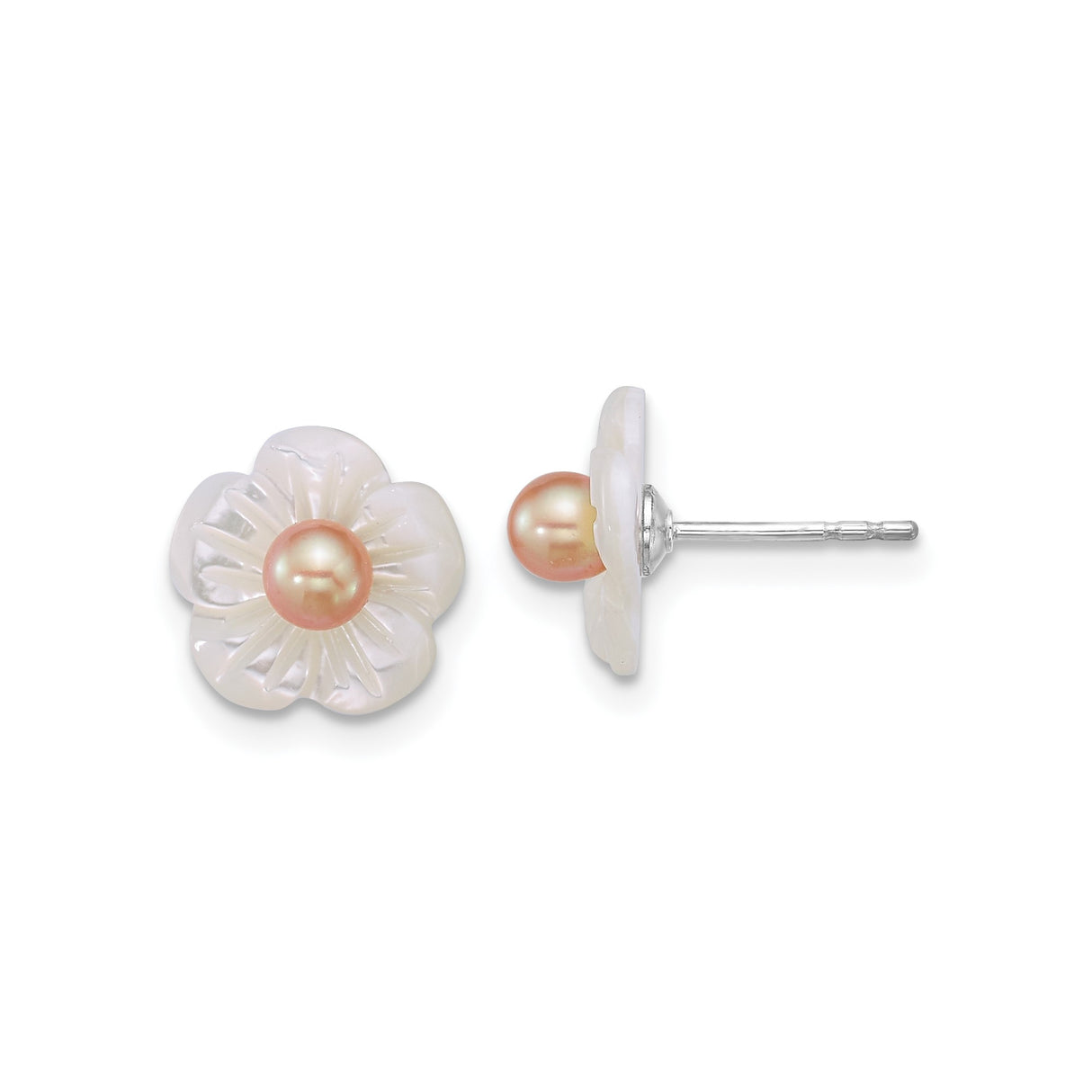 Sterling Silver Floral Stud Earrings with Pink Freshwater Pearls and Mother-of-Pearl Flowers