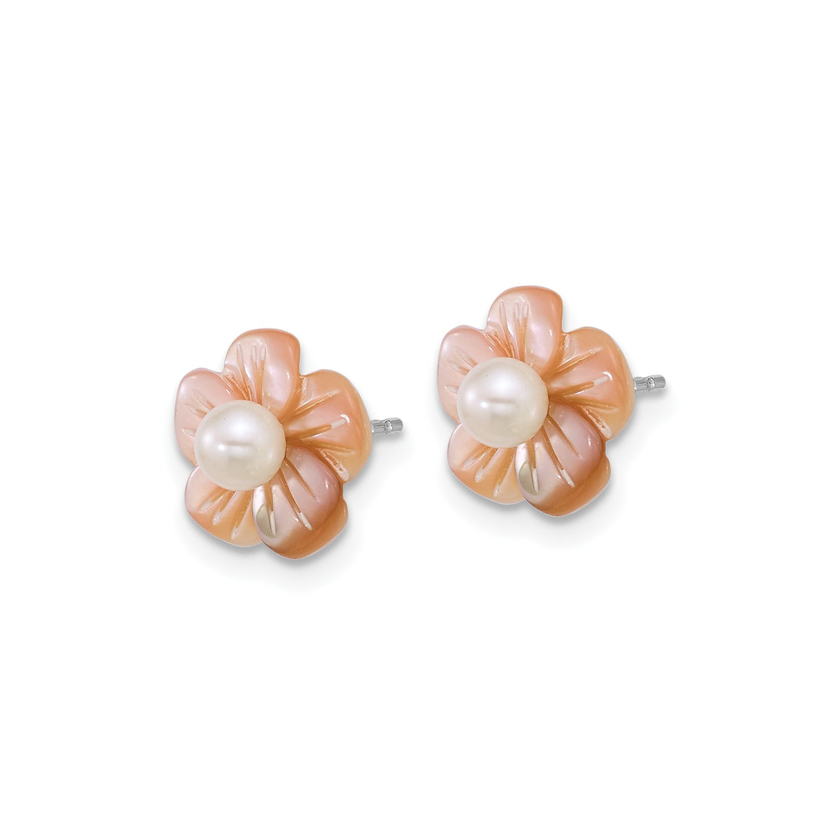 Sterling Silver Stud Earrings with Pink Shell Flowers and White Freshwater Pearls
