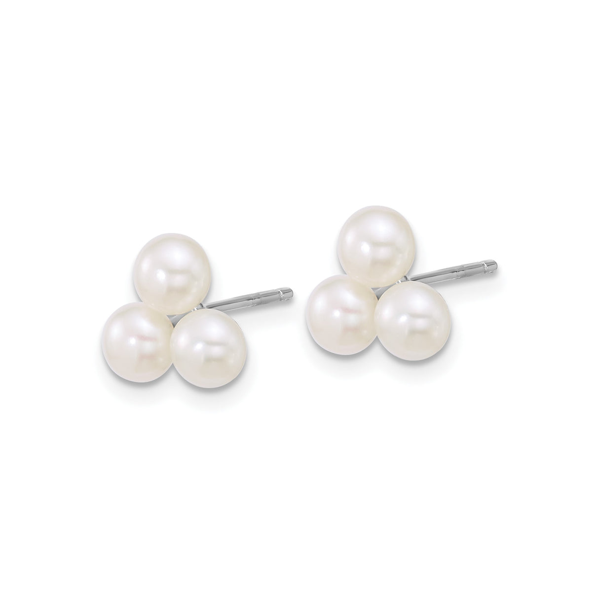Sterling Silver Stud Earrings with White Freshwater Pearls, Three-Pearl Cluster Design