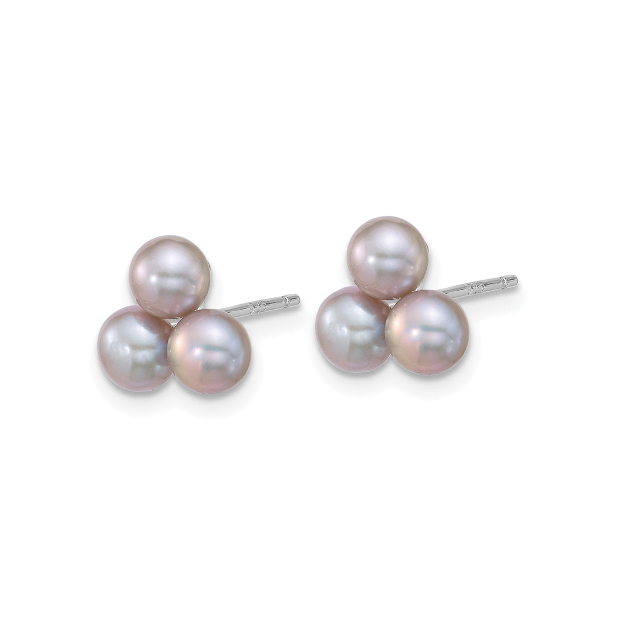 Sterling Silver Stud Earrings with Lavender Freshwater Pearls, Rhodium Plated Cluster Design