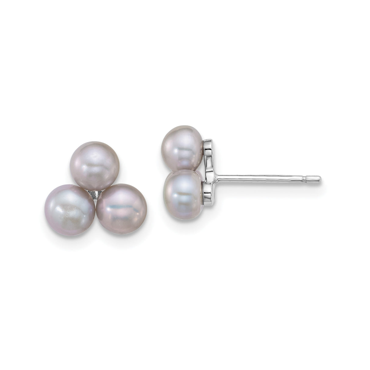 Sterling Silver Stud Earrings with Lavender Freshwater Pearls, Rhodium Plated Cluster Design