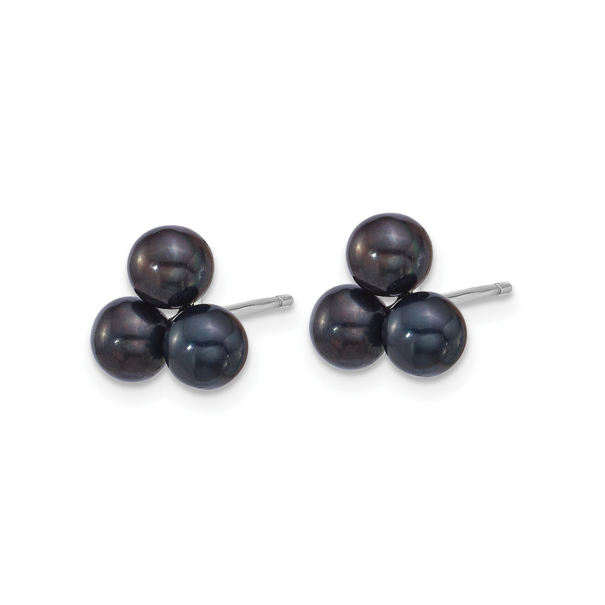 Sterling Silver Stud Earrings with Black Freshwater Pearls, Triangular Cluster Design