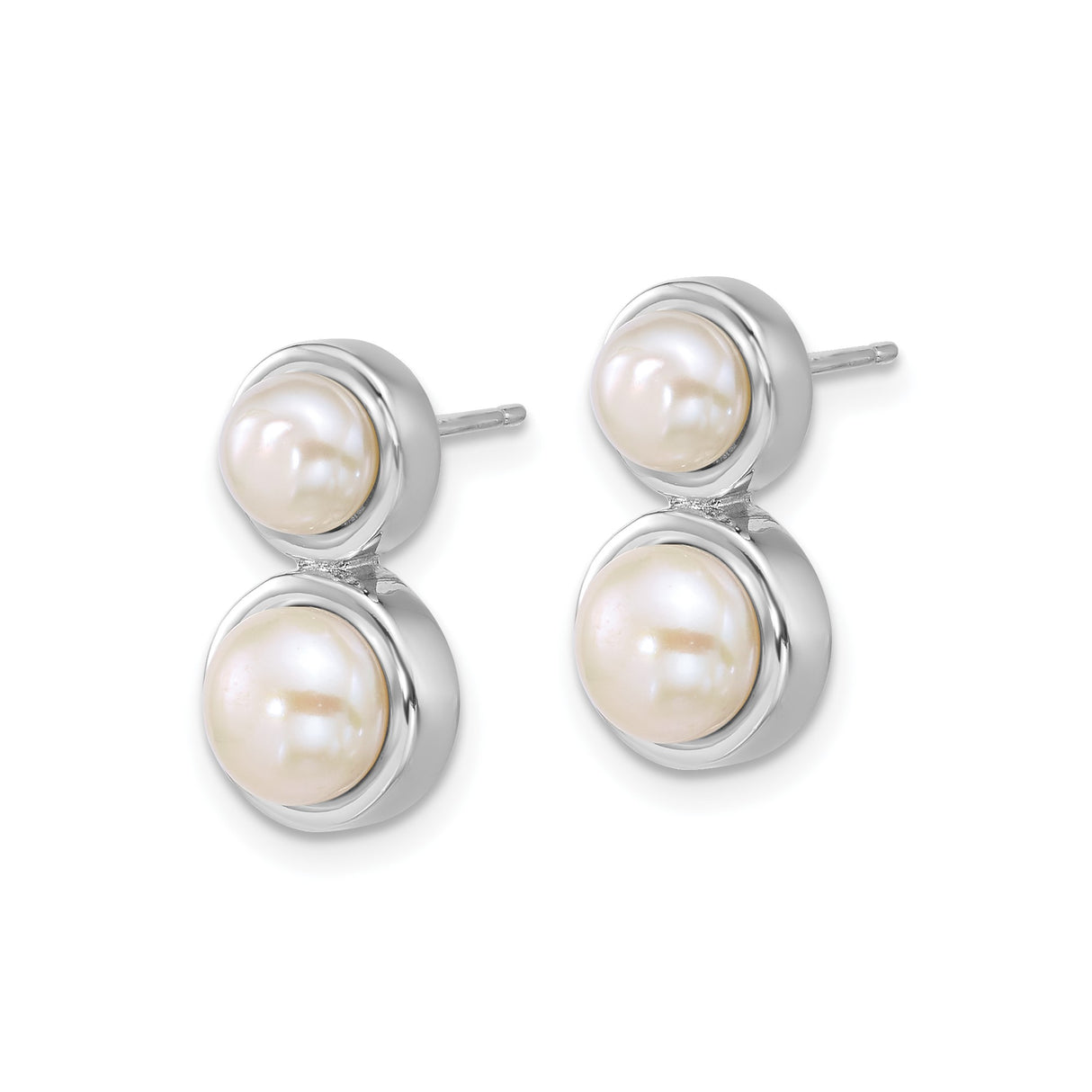 Sterling Silver Double Pearl Stud Earrings with Round White Freshwater Cultured Pearls