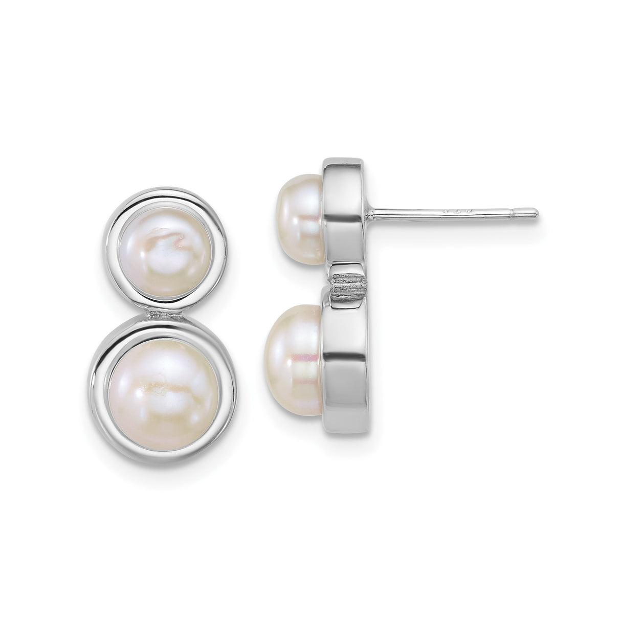 Sterling Silver Double Pearl Stud Earrings with Round White Freshwater Cultured Pearls