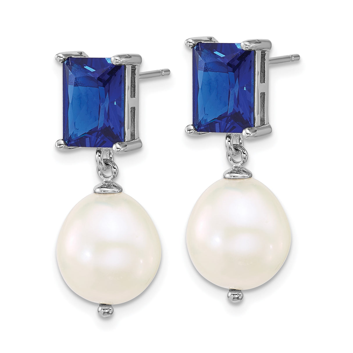 Sterling Silver Drop Earrings with Blue Gemstone, Freshwater Pearl, and Cubic Zirconia