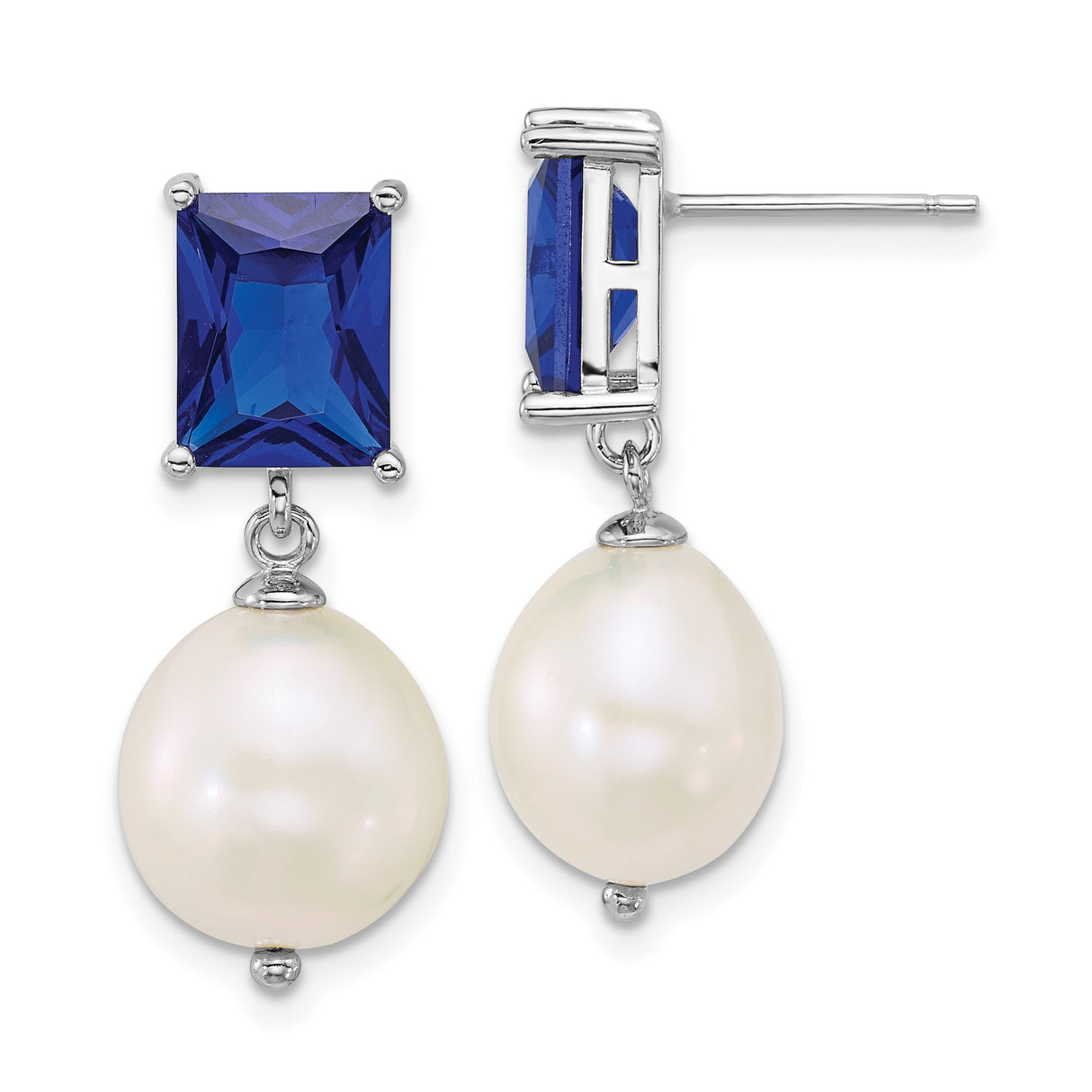 Sterling Silver Drop Earrings with Blue Gemstone, Freshwater Pearl, and Cubic Zirconia