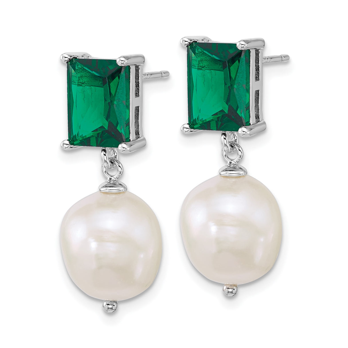 Sterling Silver Dangle Earrings with Emerald Cut Green Gemstones and Freshwater Pearls