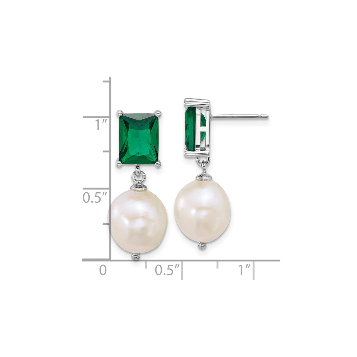 Sterling Silver Dangle Earrings with Emerald Cut Green Gemstones and Freshwater Pearls