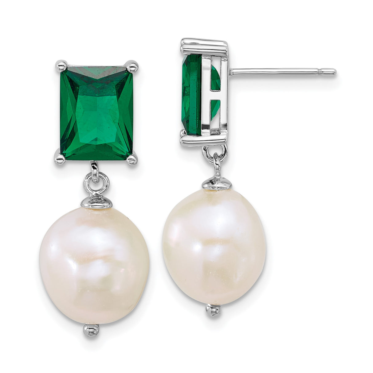Sterling Silver Dangle Earrings with Emerald Cut Green Gemstones and Freshwater Pearls